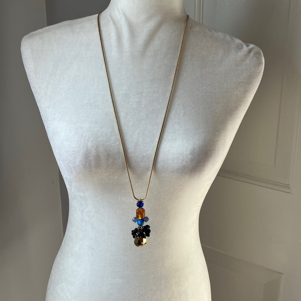 J. Crew Long Pendant Statement Necklace blue black amber gold tone snake chain